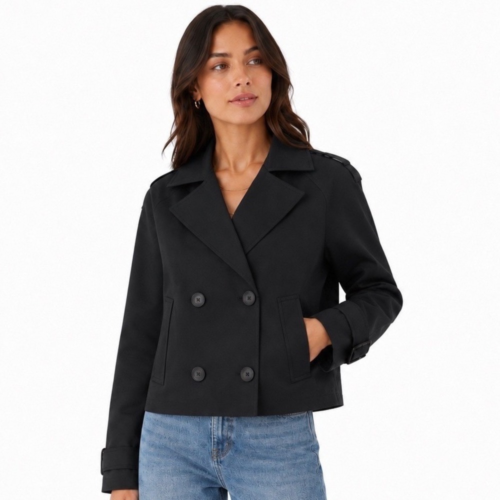NEW Rebecca Minkoff Large Black Cropped Double Breasted Trench Coat Jacket
